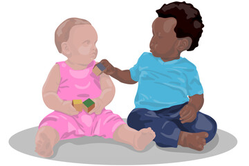 Two children plays on the floor with cubes