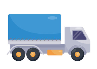 Blue truck icon. Large vehicle for transporting goods. Logistics and transportation. Graphic element for website. Car or machine. Fast cargo delivery concept. Cartoon flat vector illustration