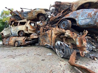 A bunch of burned and shelled cars in Hostomel in the Kyiv region