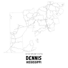 Dennis Mississippi. US street map with black and white lines.