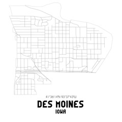 Des Moines Iowa. US street map with black and white lines.