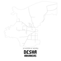 Desha Arkansas. US street map with black and white lines.