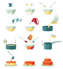 Step by step preparation cake set. Sweet bakery or cooking process. Baking ingredients and food preparation signs. Make dough dishes and cream for pastry. Recipe elements
