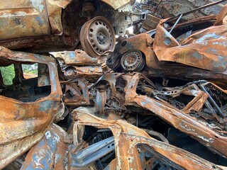 A bunch of burned and shelled cars in Hostomel in the Kyiv region