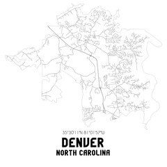 Denver North Carolina. US street map with black and white lines.