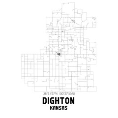 Dighton Kansas. US street map with black and white lines.