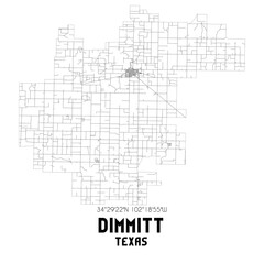 Dimmitt Texas. US street map with black and white lines.