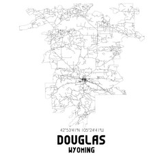 Douglas Wyoming. US street map with black and white lines.