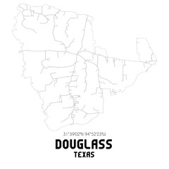 Douglass Texas. US street map with black and white lines.