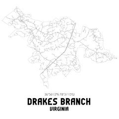 Fototapeta na wymiar Drakes Branch Virginia. US street map with black and white lines.