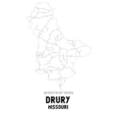Drury Missouri. US street map with black and white lines.