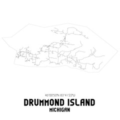 Drummond Island Michigan. US street map with black and white lines.
