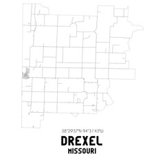 Drexel Missouri. US street map with black and white lines.