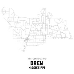 Drew Mississippi. US street map with black and white lines.