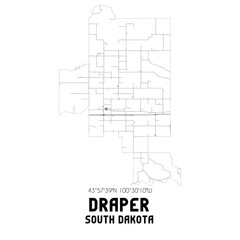 Draper South Dakota. US street map with black and white lines.