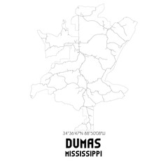 Dumas Mississippi. US street map with black and white lines.