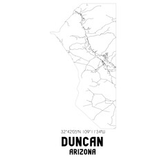 Duncan Arizona. US street map with black and white lines.