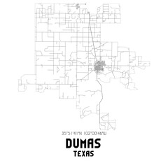 Dumas Texas. US street map with black and white lines.