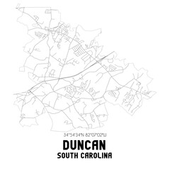 Duncan South Carolina. US street map with black and white lines.