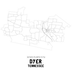 Dyer Tennessee. US street map with black and white lines.