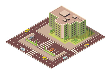 Obraz premium Offices isometric. Architecture building facade of business center. Infographic element. Architectural vector 3d illustration. City house composition with roads and parking