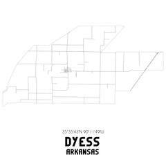 Dyess Arkansas. US street map with black and white lines.