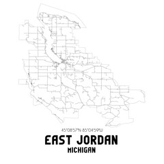 East Jordan Michigan. US street map with black and white lines.