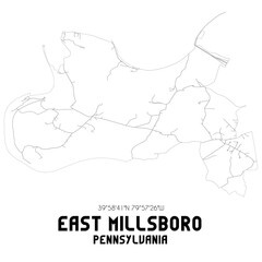 East Millsboro Pennsylvania. US street map with black and white lines.