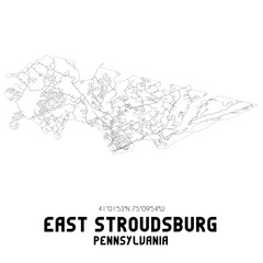 East Stroudsburg Pennsylvania. US street map with black and white lines.