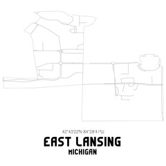 East Lansing Michigan. US street map with black and white lines.