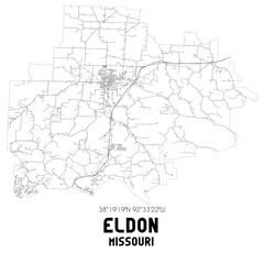 Eldon Missouri. US street map with black and white lines.