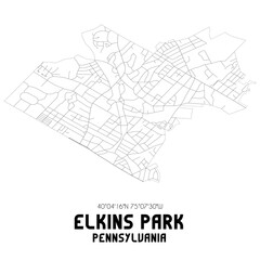 Elkins Park Pennsylvania. US street map with black and white lines.