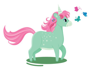 Green unicorn with butterflies. Pony with pink mane runs to insects. Fictional character, imagination and fantasy, fairy tale. Graphic element for printing on fabric. Cartoon flat vector illustration