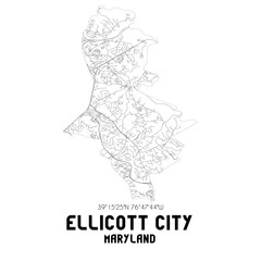 Ellicott City Maryland. US street map with black and white lines.