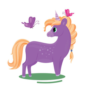 Pink unicorn with butterflies. Cute horse with horn looks at insects. Sticker for social media and messengers. Nature and fauna, fairy tale. Pony with stars. Cartoon flat vector illustration