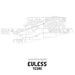 Euless Texas. US street map with black and white lines.