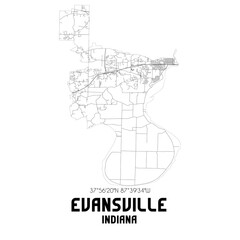 Evansville Indiana. US street map with black and white lines.