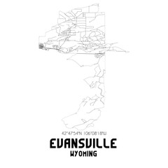 Evansville Wyoming. US street map with black and white lines.