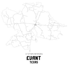 Evant Texas. US street map with black and white lines.