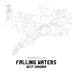 Falling Waters West Virginia. US street map with black and white lines.