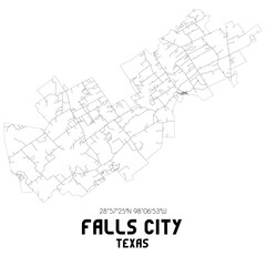 Falls City Texas. US street map with black and white lines.