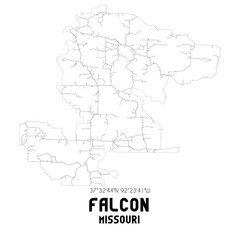 Falcon Missouri. US street map with black and white lines.