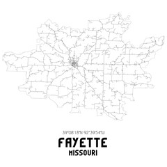 Fayette Missouri. US street map with black and white lines.