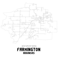 Farmington Arkansas. US street map with black and white lines.
