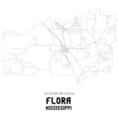 Flora Mississippi. US street map with black and white lines.