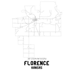 Florence Kansas. US street map with black and white lines.