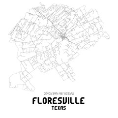 Floresville Texas. US street map with black and white lines.