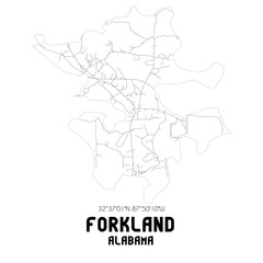 Forkland Alabama. US street map with black and white lines.