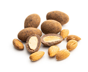 Almonds in chocolate coated in cocoa powder isolated on white background.
