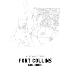 Fort Collins Colorado. US street map with black and white lines.